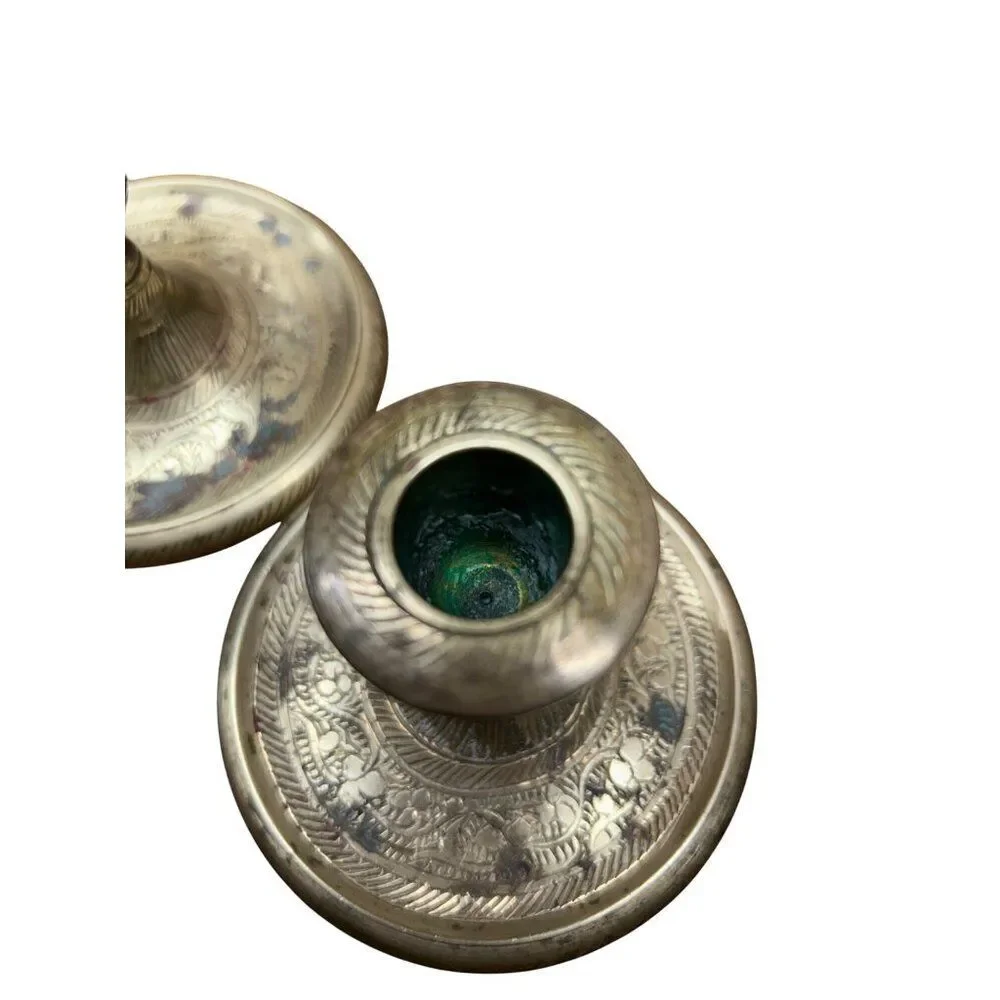 Vintage Brass Etched Candle Holders Set Of 2